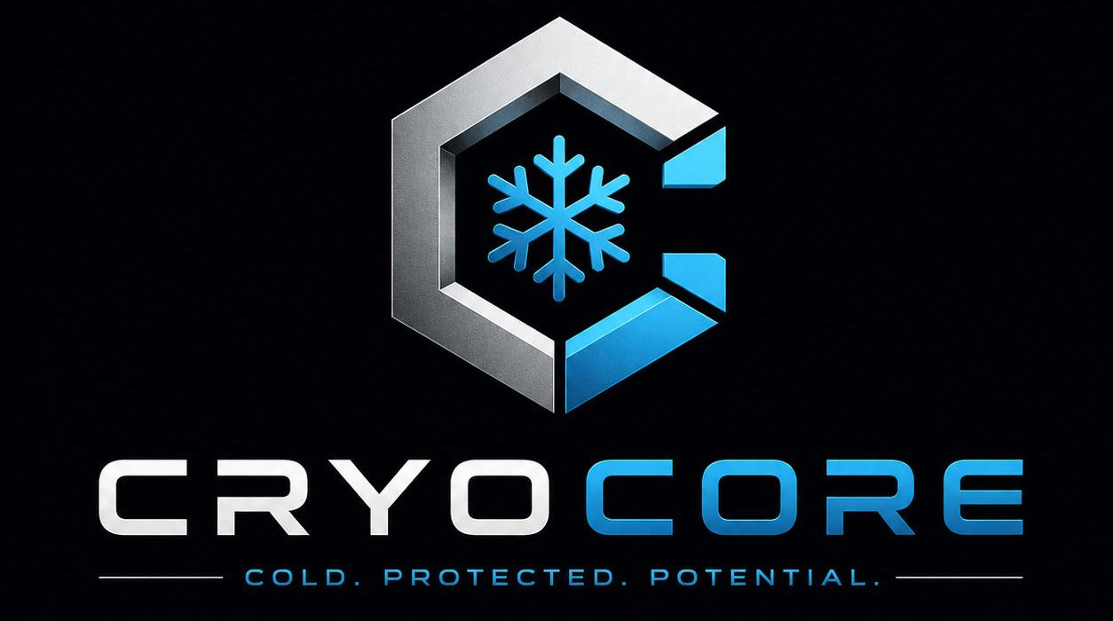 Cryo Core logo with snowflake in hexagon, cold protected potential tagline